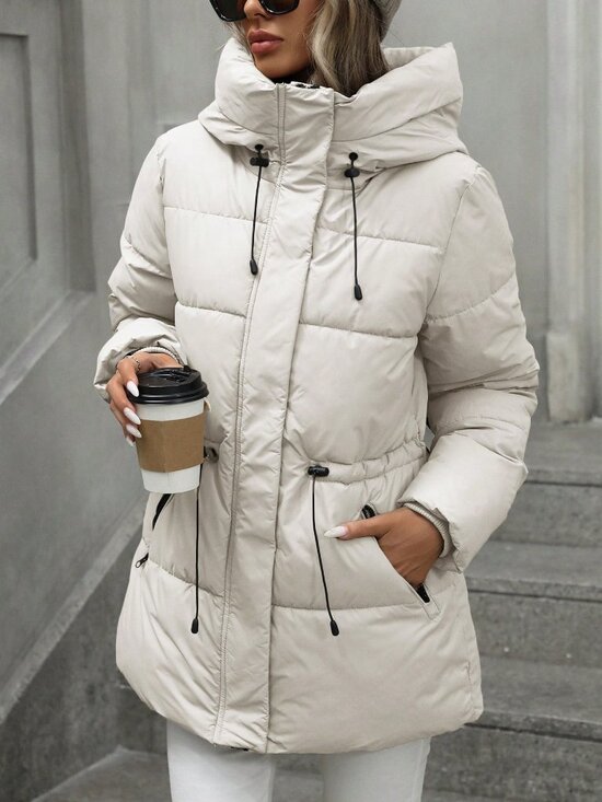 Jackets & Blazers - Beige Casual Women's Mid-Length Slim Fit Padded Hooded Padded Coat